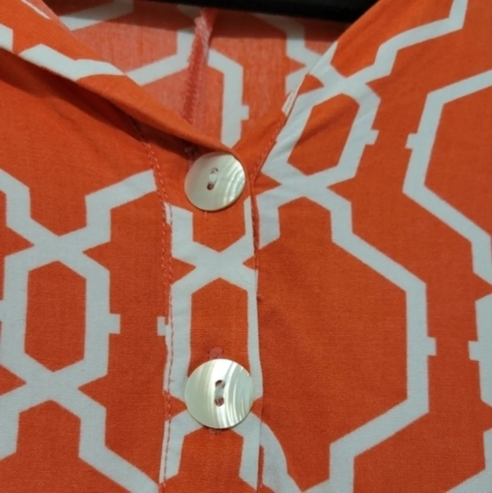 Escapada Orange & White Geometric Print Shirt Blouse Women's Size Medium Coastal